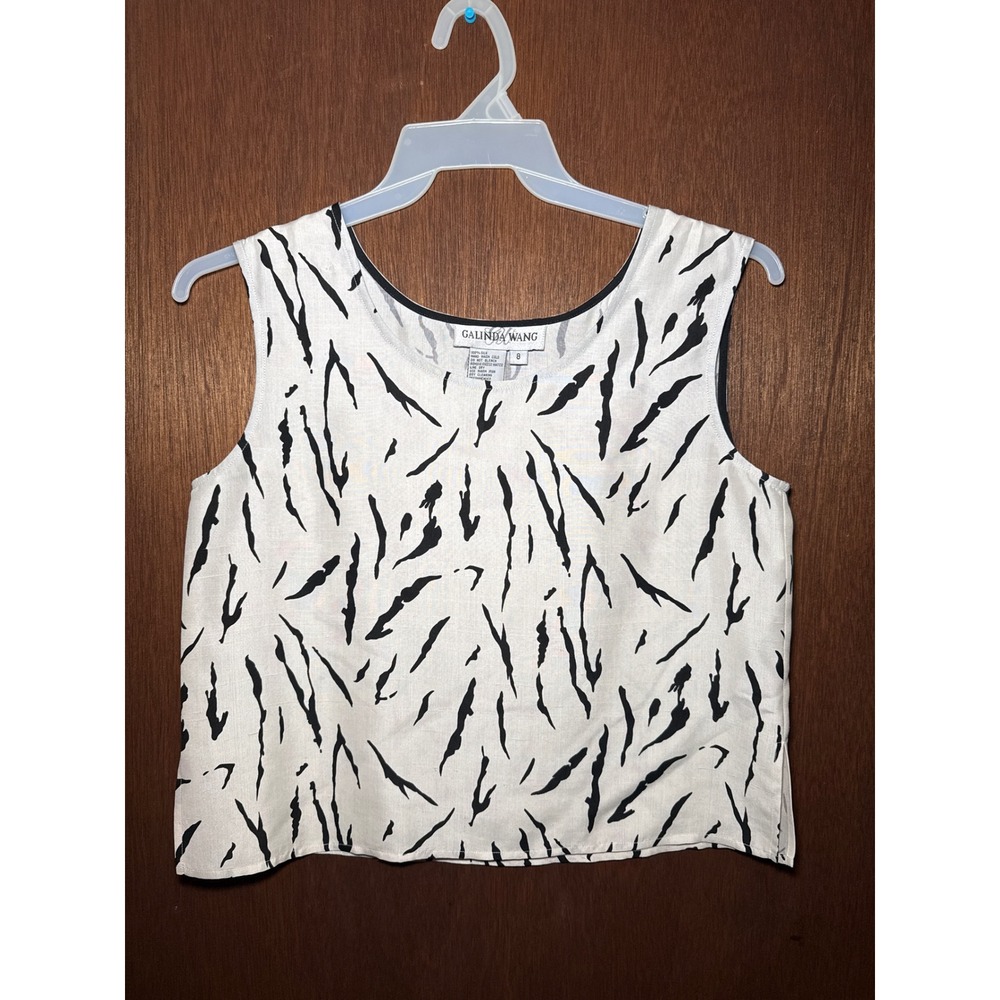 Galinda Wang Vintage 100% Silk Tank Top Ivory Black Abstract Stripe Size 8